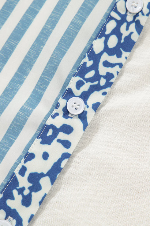 Leopard Stripe Patchwork Button Front Collared Cotton Shirt