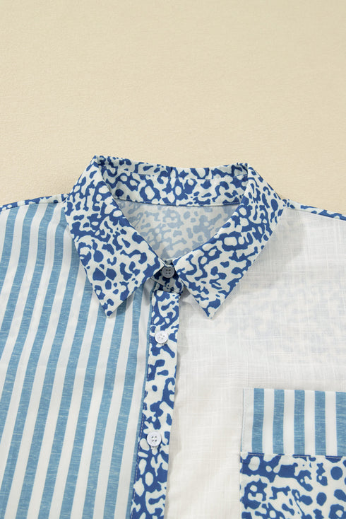 Leopard Stripe Patchwork Button Front Collared Cotton Shirt