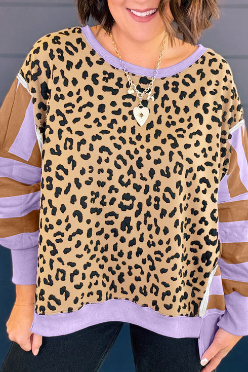 Leopard Stripe Patchwork Drop Shoulder Crew Neck Sweatshirt