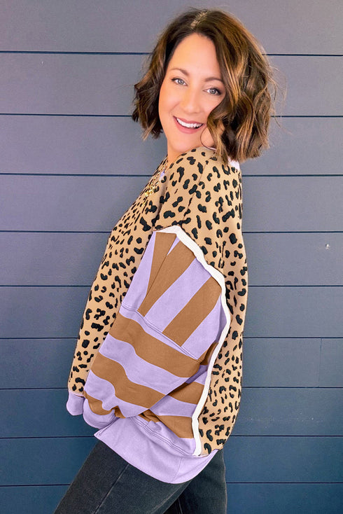 Leopard Stripe Patchwork Drop Shoulder Crew Neck Sweatshirt