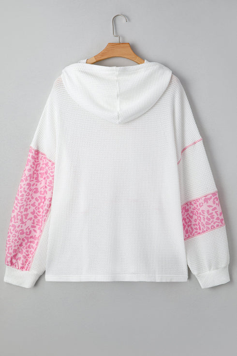Leopard Stripe Patchwork Waffle Knit Buttoned Hoodie