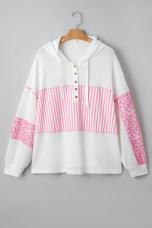 Leopard Stripe Patchwork Waffle Knit Buttoned Hoodie