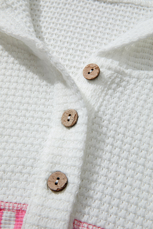 Leopard Stripe Patchwork Waffle Knit Buttoned Hoodie