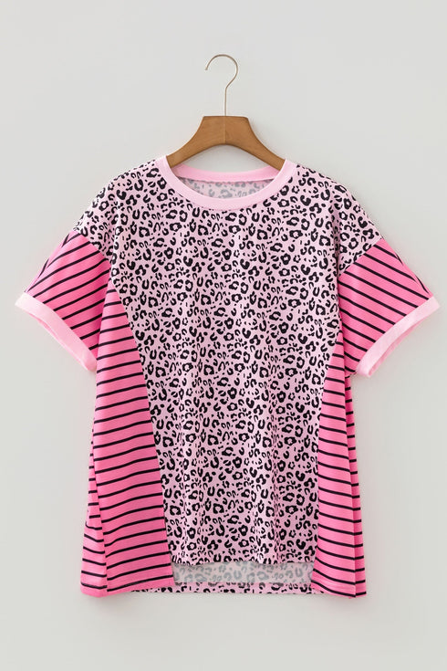 Leopard Striped Mixed Print Patchwork Western Tee