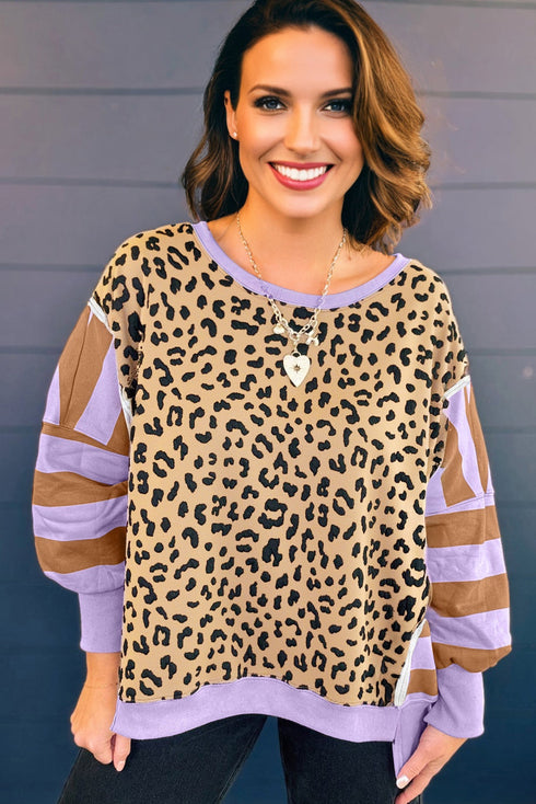 Leopard Striped Patchwork Loose Western Sweatshirt