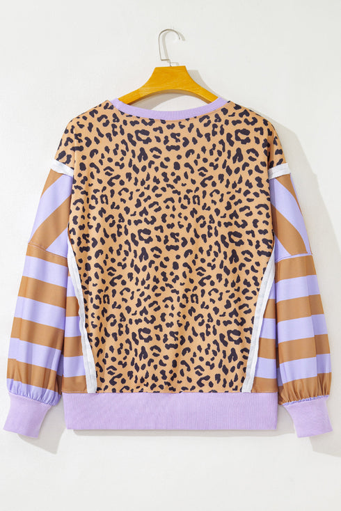Leopard Striped Patchwork Loose Western Sweatshirt