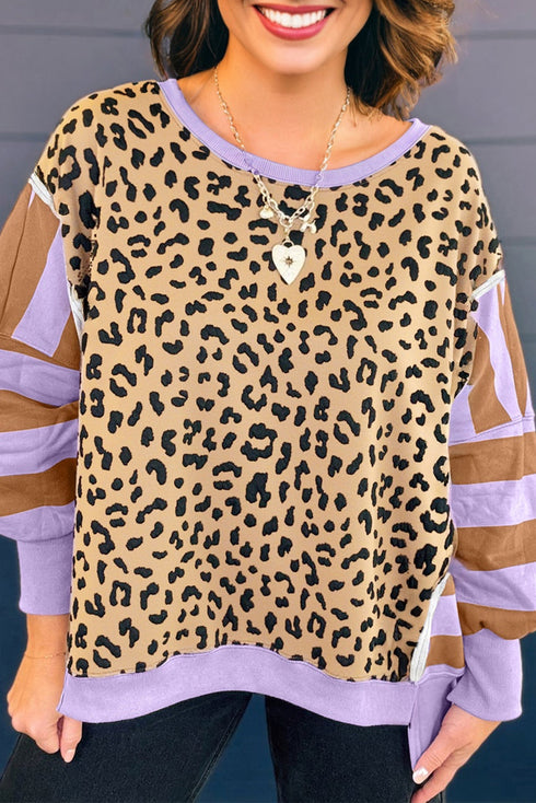Leopard Striped Patchwork Loose Western Sweatshirt