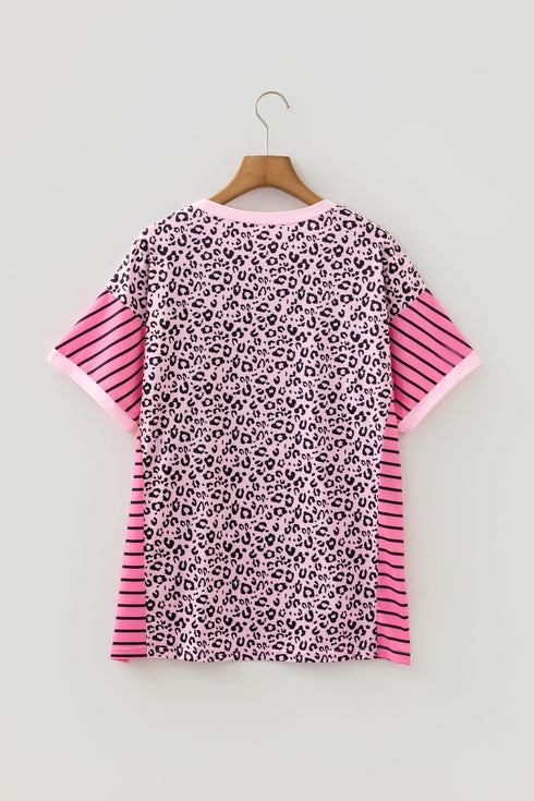 Leopard Striped Patchwork Short Sleeve Side Slit Top