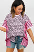 Leopard Striped Patchwork Short Sleeve Side Slit Top
