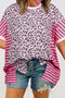 Leopard Striped Patchwork Short Sleeve Side Slit Top