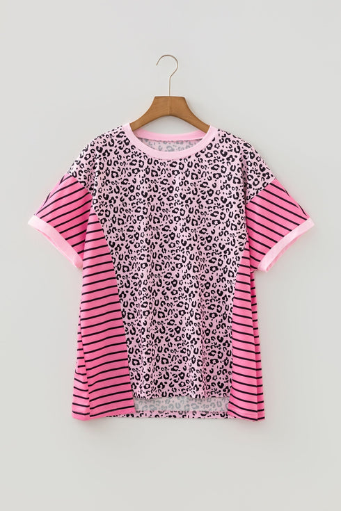 Leopard Striped Patchwork Short Sleeve Side Slit Top