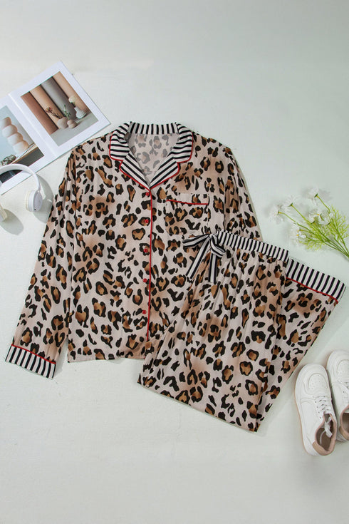 Leopard Striped Patchwork Two Piece Pajama Loungewear