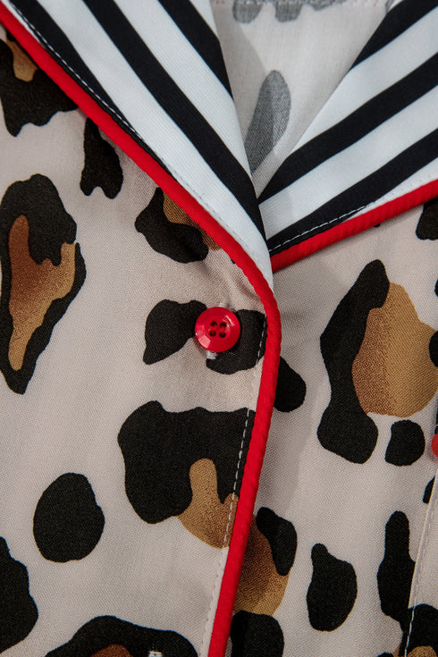Leopard Striped Patchwork Two Piece Pajama Loungewear