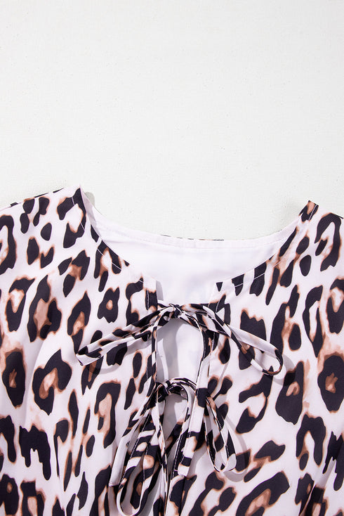 Leopard Tied Front Keyhole Puff Short Sleeve Mini Dress