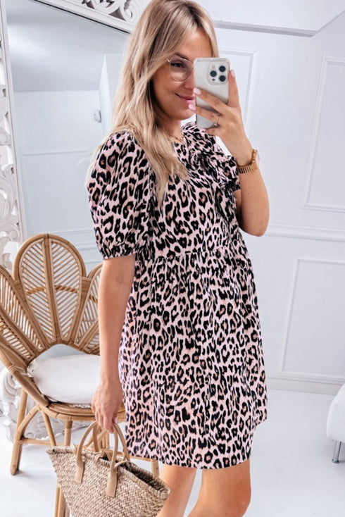 Leopard Tied Front Keyhole Puff Short Sleeve Mini Dress