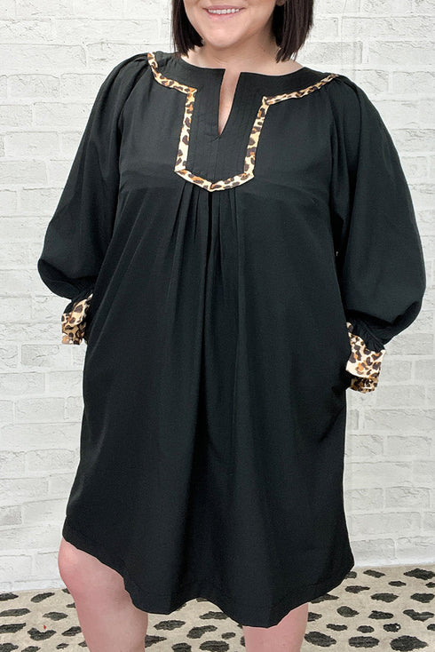 Leopard Trim Flounce Long Sleeve Shift Mini Dress