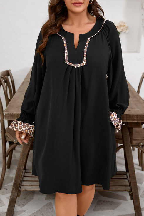 Leopard Trim Flounce Long Sleeve Shift Mini Dress