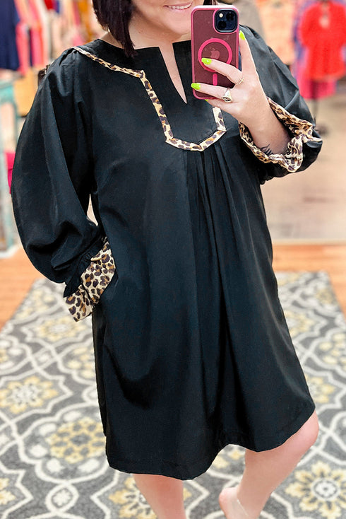 Leopard Trim Flounce Long Sleeve Shift Mini Dress