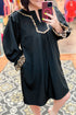 Leopard Trim Flounce Long Sleeve Shift Mini Dress