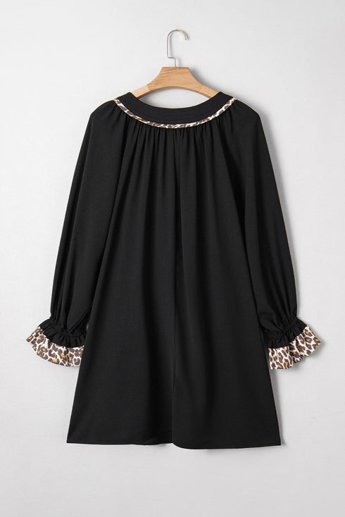 Leopard Trim Flounce Long Sleeve Shift Mini Dress
