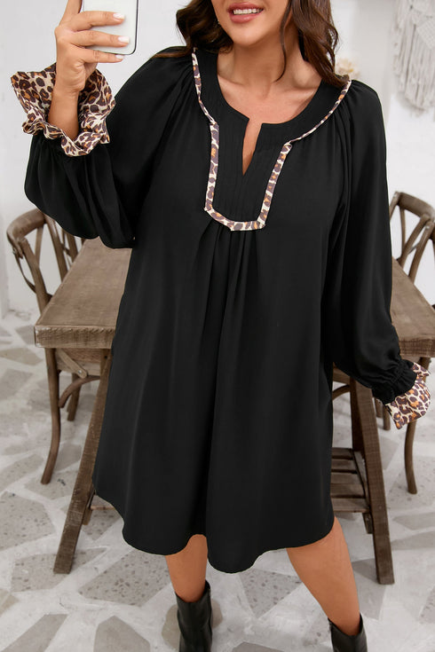 Leopard Trim Flounce Long Sleeve Shift Mini Dress