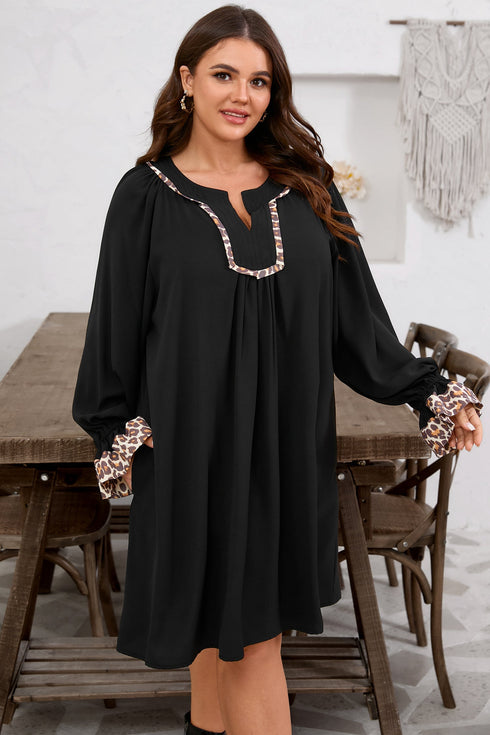 Leopard Trim Flounce Long Sleeve Shift Mini Dress