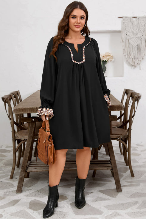 Leopard Trim Flounce Long Sleeve Shift Mini Dress