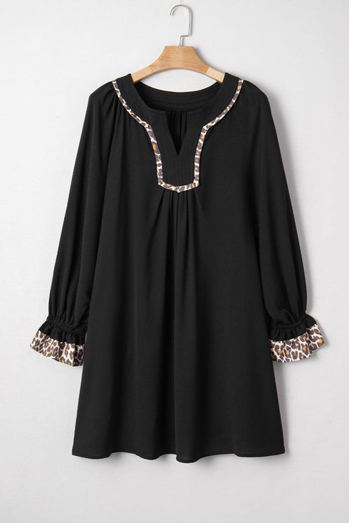 Leopard Trim Flounce Long Sleeve Shift Mini Dress