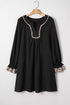 Leopard Trim Flounce Long Sleeve Shift Mini Dress