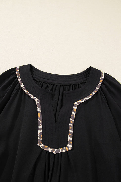 Leopard Trim Flounce Long Sleeve Shift Mini Dress