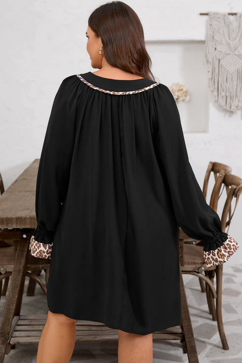 Leopard Trim Flounce Long Sleeve Shift Mini Dress