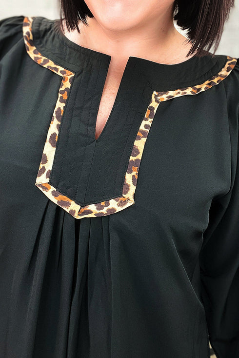 Leopard Trim Notched Neck Flounce Sleeve Shift Mini Dress