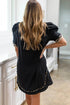 Leopard Trim Notched Neck Puff Sleeve Shift Mini Dress