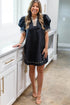 Leopard Trim Notched Neck Puff Sleeve Shift Mini Dress