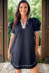 Leopard Trim Notched Neck Puff Sleeve Shift Mini Dress