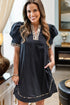 Leopard Trim Notched Neck Puff Sleeve Shift Mini Dress