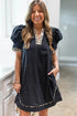 Leopard Trim Notched Neck Puff Sleeve Shift Mini Dress
