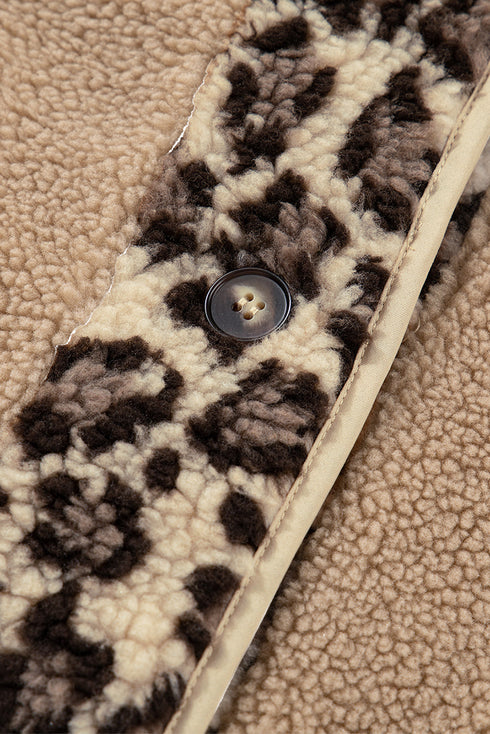 Leopard Trim Patchwork Sherpa Button Front Jacket