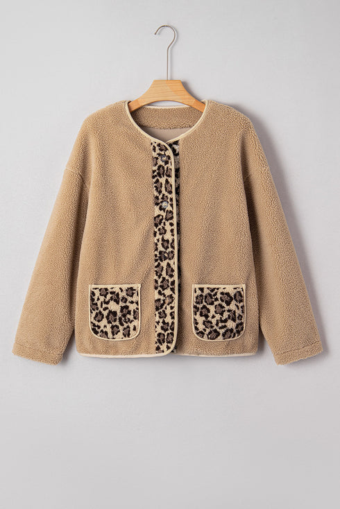 Leopard Trim Patchwork Sherpa Button Front Jacket