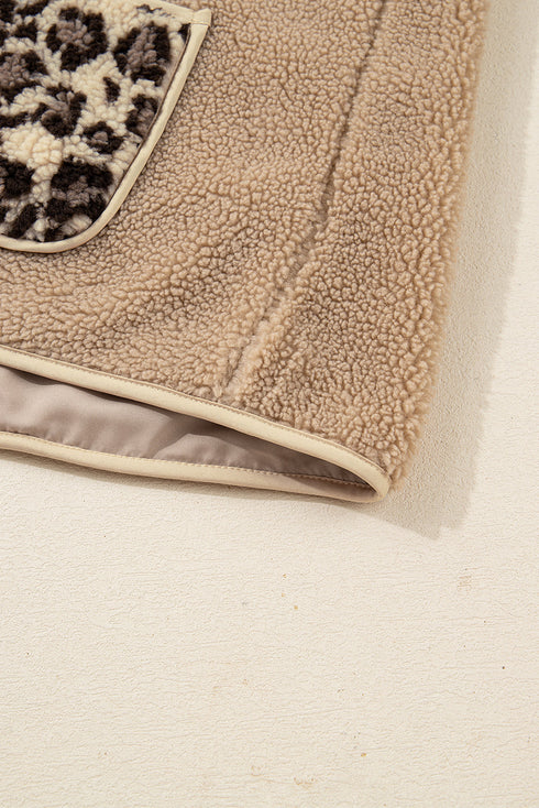 Leopard Trim Patchwork Sherpa Button Front Jacket