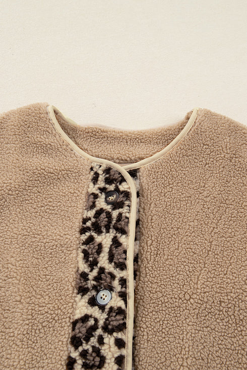 Leopard Trim Patchwork Sherpa Button Front Jacket