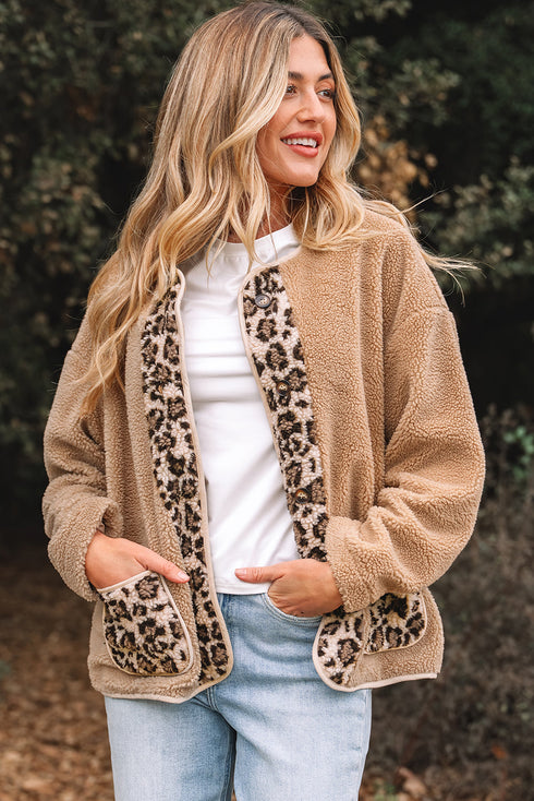 Leopard Trim Patchwork Sherpa Button Front Jacket