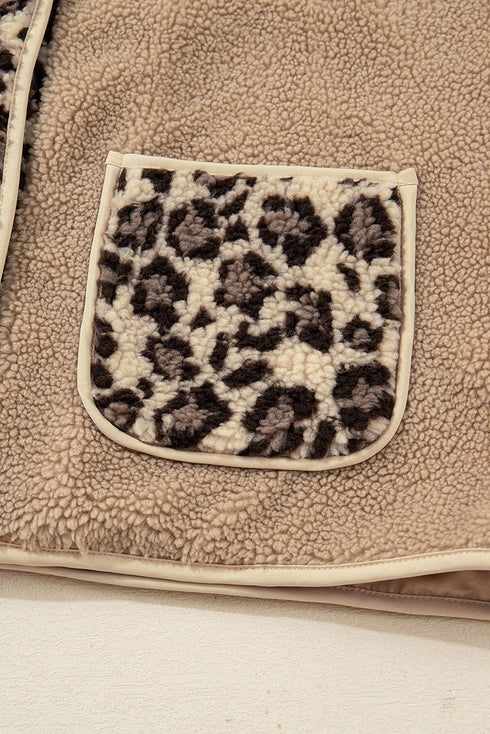 Leopard Trim Patchwork Sherpa Button Front Jacket