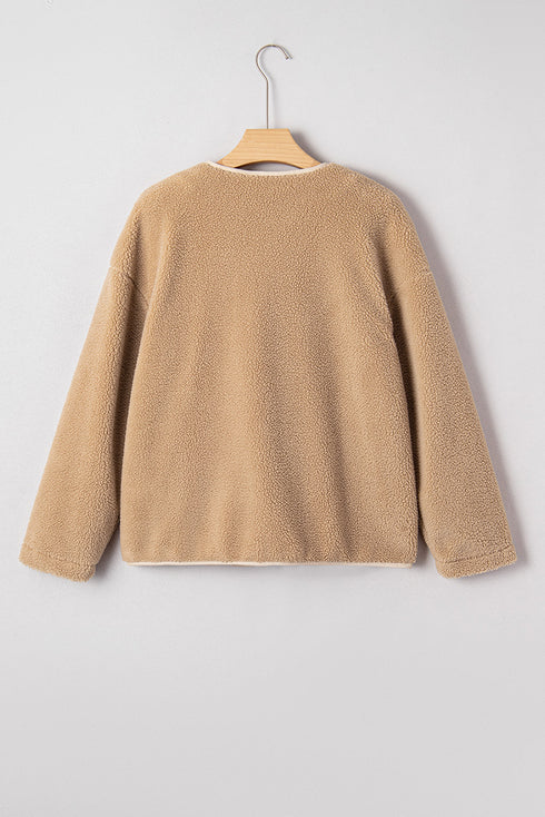 Leopard Trim Patchwork Sherpa Button Front Jacket