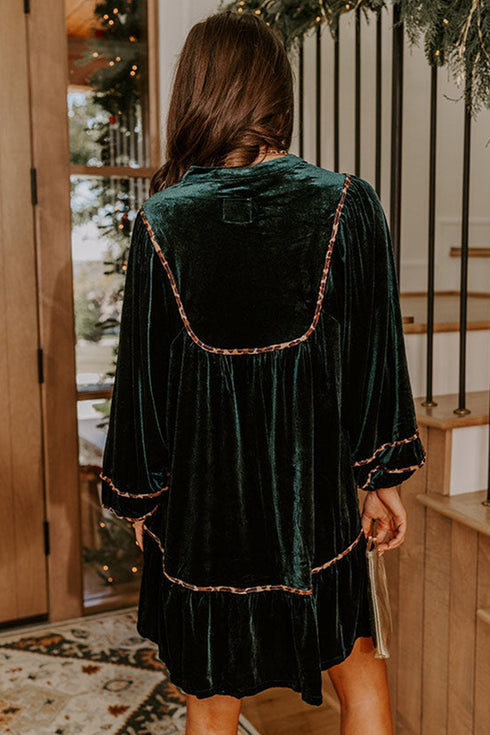 Leopard Trim Velvet Long Sleeve Shift Mini Dress