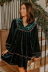 Leopard Trim Velvet Long Sleeve Shift Mini Dress