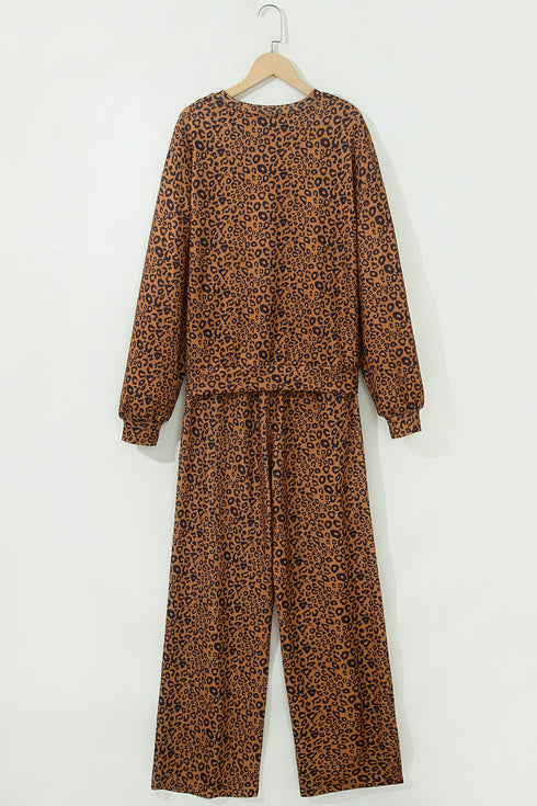 Leopard Wide Leg Relaxed Long Sleeve Top Pant Set