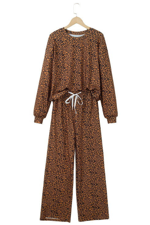 Leopard Wide Leg Relaxed Long Sleeve Top Pant Set
