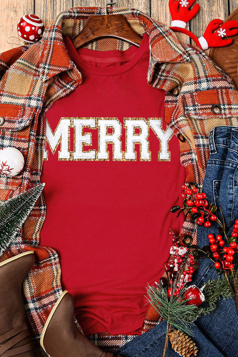 Letter Print Cuffed Sleeve Crew Neck Tee