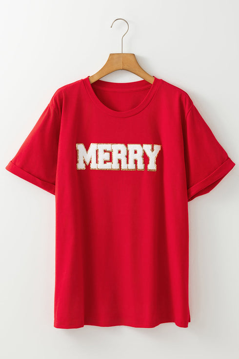 Letter Print Cuffed Sleeve Crew Neck Tee